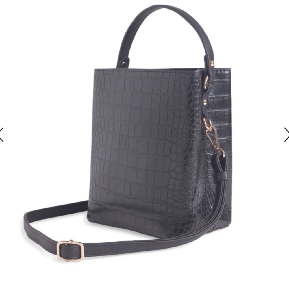 New Aota Elena Vegan Leather Croc Embossed Crossbody Bucket Bag Black